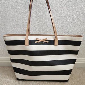 Kate Spade Large Tote, Black & White Striped with bow accent